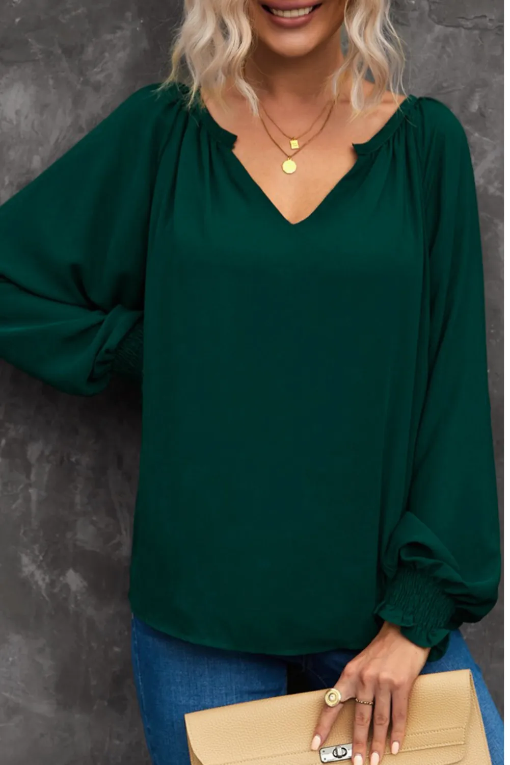 'Yancie' Notched Neck Lantern Sleeve Blouse